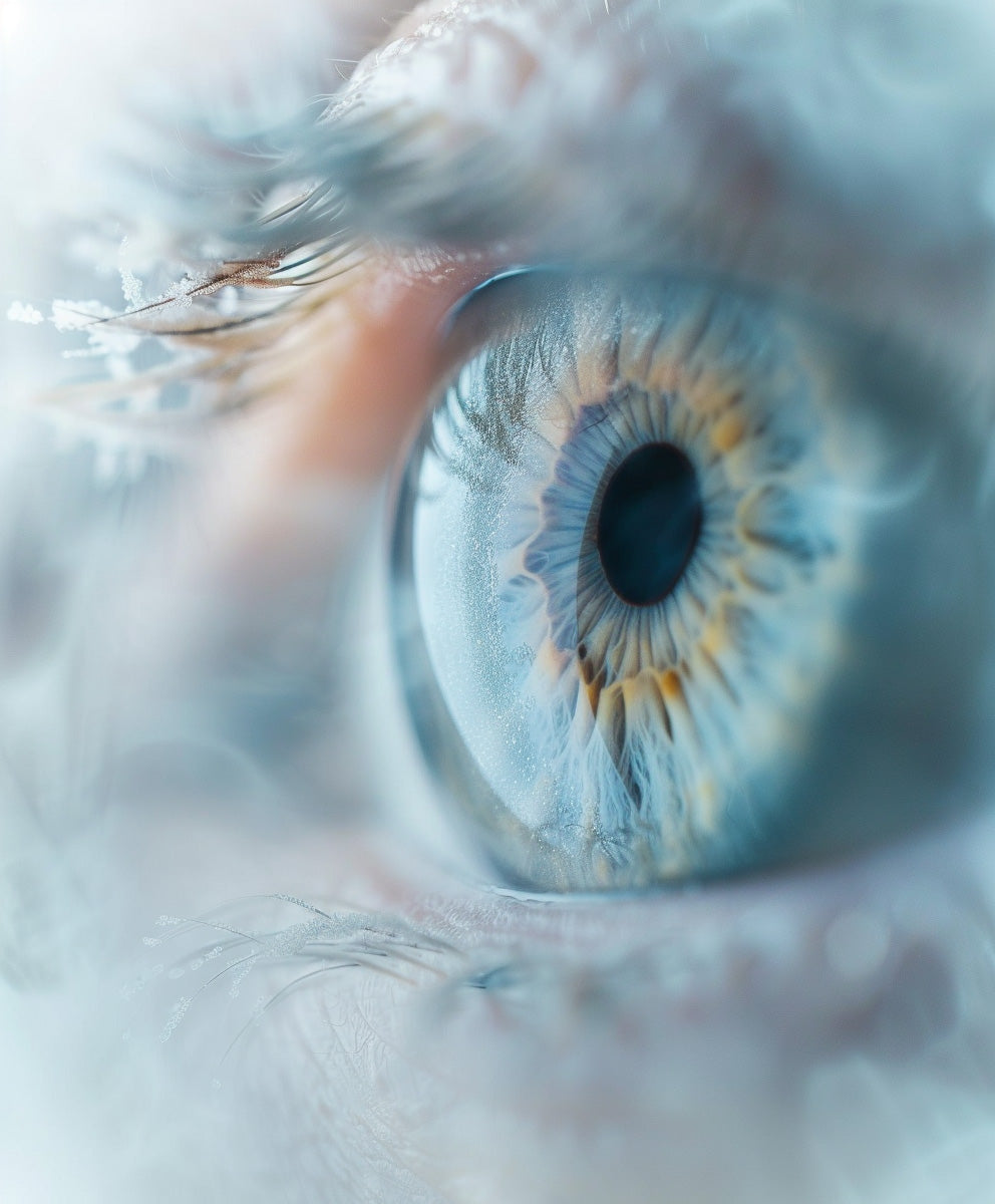 A stylistic image depicting cataracts or an eye lense surrounded by the cloudiness of the condition.