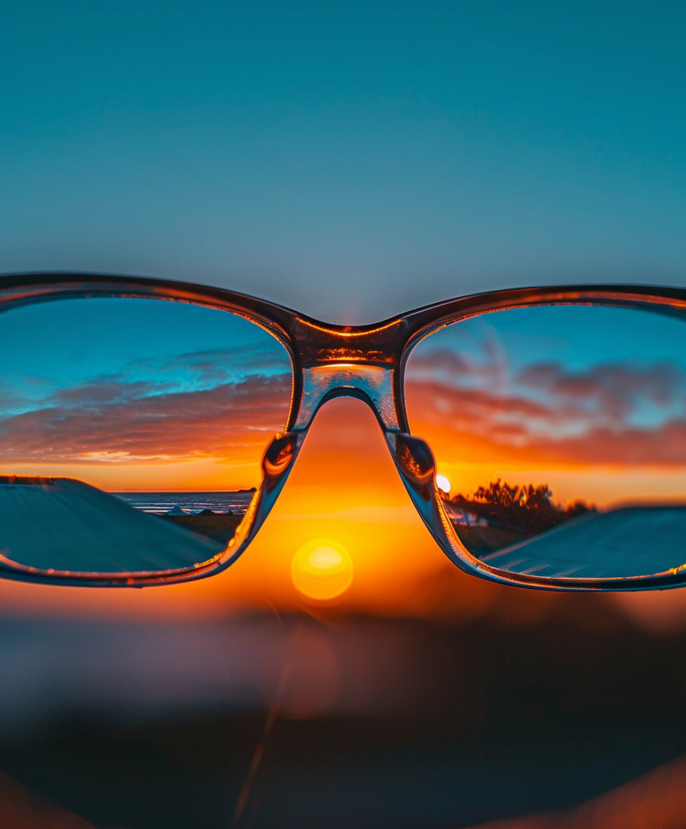An image reflecting the long-sighted nature of the condition hyperopia containing glasses showing vision of a shoreline, and blurred vision outside the glasses.