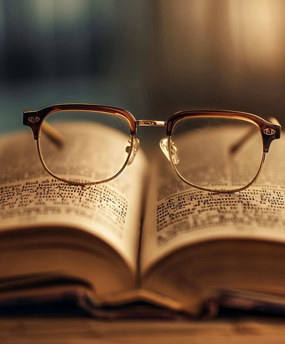 An image reflecting the subtlety of presbyopia. Glasses sitting on an elegant book open with text.